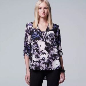 Simply Vera, Size S, Black with Purple Floral Pattern Long Sleeve Blouse, EUC